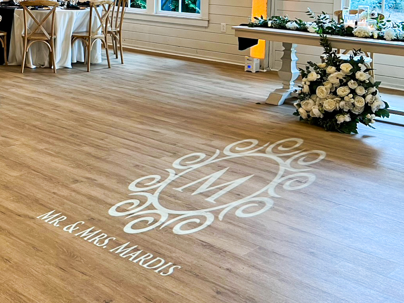 Monogram projected on the dance floor at The Wildflower Barn in Milton, GA